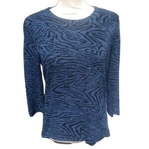 Softwear by Mark Singer Size S Blue Black Abstract Textured 3/4 Sleeve Top
